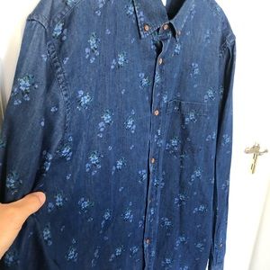 Floral printed denim button down.
